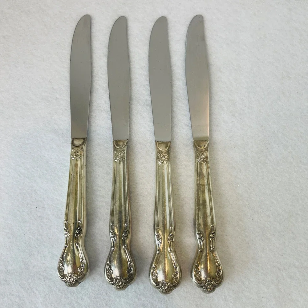 Vintage Silverplate Floral Scroll Dinner Knives Set of 4 Stainless Blades 9.25